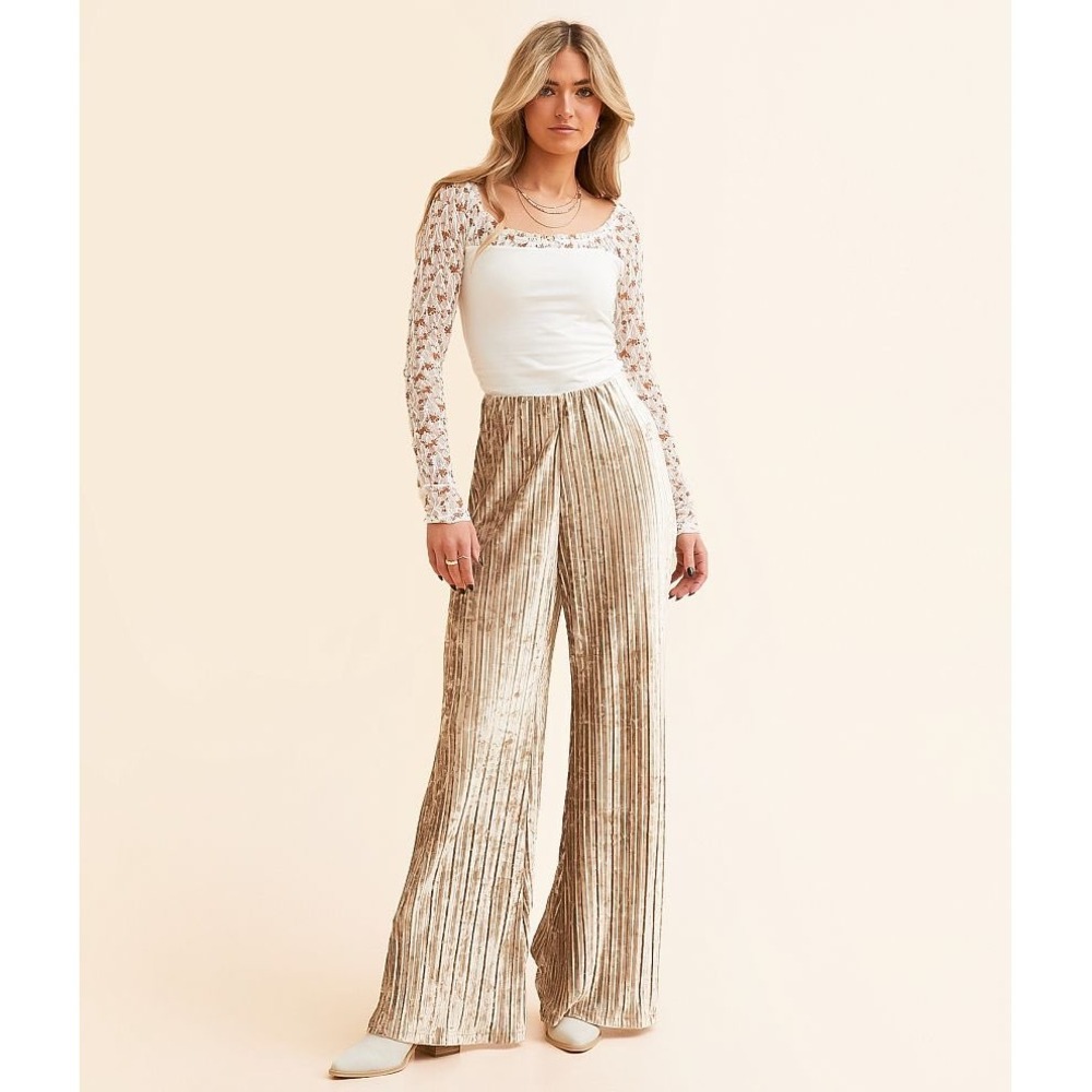NWOT Free People Star Sign Velvet Flare Pants Bell Bottoms Pleated Gold crush L